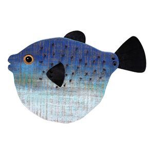 Blue Porcupine Fish Wood Wall Decor 15.25 Inches